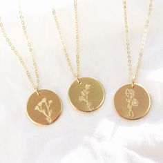 Dainty, delicate, gold necklace. Circle pendant with stamped / pressed birth month flower of choice on the pendant Friendly Photo, Birth Month Flower, Month Flowers, Birth Month Flowers, Birth Month, Special Person, Silver Roses, Flower Necklace, 14kt Gold