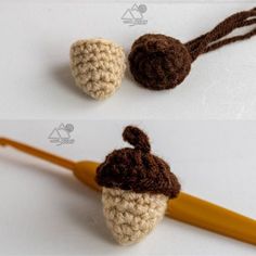 crocheted acorns and needles on a white surface