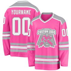 a pink hockey jersey with the name and number on it, that says custom logo