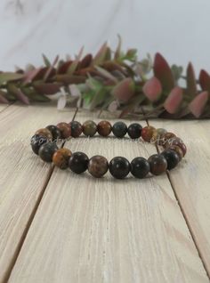 Picasso Jasper Stretch Gemstone Bracelet | Fall Colored Bracelet for Him, Her, Unisex | 8mm Natural Gemstone Bracelet Earthy Jasper Beaded Bracelets With Natural Stones, Earthy Brown Jasper Beaded Bracelets, Handmade Earthy Jasper Bracelets, Brown Agate Gemstone Beaded Bracelet, Adjustable Brown Jasper Bracelet, Brown Gemstone, Picasso Jasper, Chip Beads, Jasper Beads