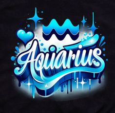 the word aquarius on a black shirt with blue and white paint splatters