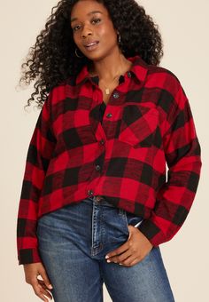 Plus Size Cabin Plaid Boyfriend Tunic Shirt - Materials & Care:imported - 100% cotton - machine wash Maurices Plus Size, Buffalo Plaid Pattern, Curvy Jeans, Favorite Sweater, Tunic Shirt, List Style, A Plus, Tunic Length, Hat Hairstyles