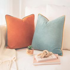 two pillows and a potted plant on a bed