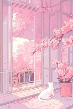 a white cat sitting in front of a window with pink flowers on the windowsill