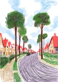 a drawing of a street with houses and trees on both sides, in the daytime