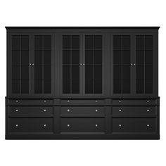 a black cabinet with drawers and doors on the bottom, in front of a white background