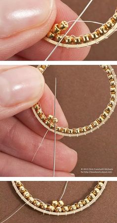 two pictures showing how to make a beaded bracelet with gold beads and thread on it