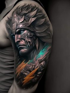 a man with a tattoo on his arm wearing a warrior helmet and lightning bolt behind him