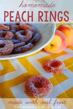 homemade peach rings on a yellow and white tablecloth