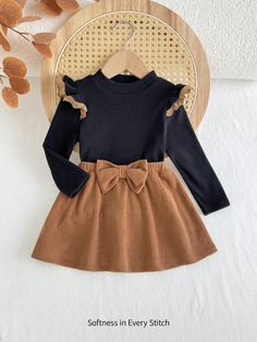 2pcs Baby Girl Collared Ruffle Long Sleeve Blouse & Elastic Waist Skirt Set Multicolor Elegant      Slight Stretch  Baby Girls Clothing, size features are:Bust: ,Length: ,Sleeve Length: