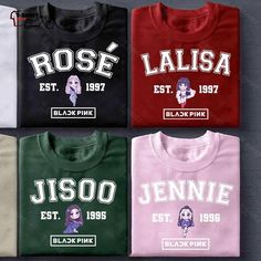 four different colored t - shirts with the same name on them