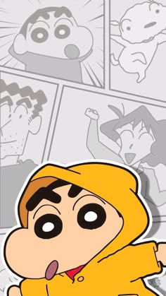 a cartoon character with his mouth open and tongue out, in front of comic panels