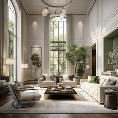 an elegant living room with high ceilings and large windows