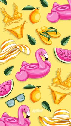 an image of flamingos and watermelon slices on a yellow background