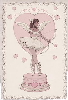 a card with a girl holding a bow and heart on it's back, in pink