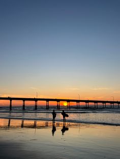 two people are standing on the beach at sunset with their surfboards in front of them