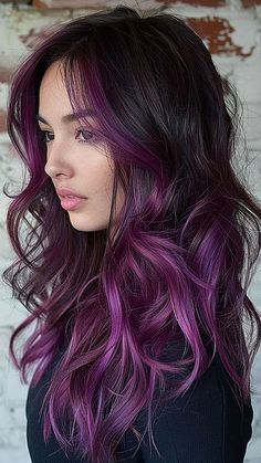 Maroon And Purple Hair, Funky Coloured Hair, Long Coloured Hair, Coloured Hair Inspiration, Red Hair With Purple Money Piece, Black Ombre Hair Color, Brown Purple Ombre Hair, Purple And Brunette Hair, Purple Hair With Brown