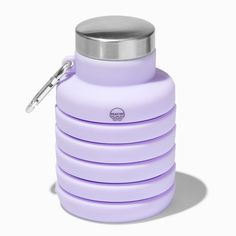 a purple stainless steel flask with a keychain hanging from the top, on a white background