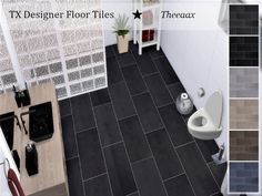 a bathroom with tile flooring and various types of tiles on the walls in different colors