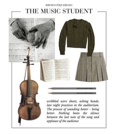 the music student is wearing a skirt, sweaters, and jacket with a violin