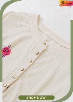 Beige Snap Button V-neck Waffle Knit Top V-neck Tops With Buttons For Loungewear, Spring Button-up Henley With Buttons, Spring Button-up Henley, Waffle Knit V-neck Sweater, Beige Long Sleeve Waffle Knit Top, Waffle Knit V-neck Sweater In Loose Fit, Cozy Waffle Knit V-neck Top, Waffle Knit V-neck Tops, Waffle Knit Top