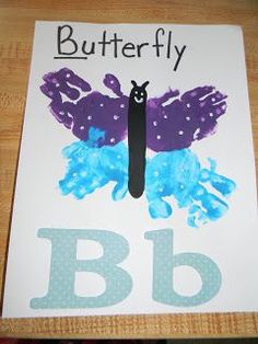 a handprinted butterfly on a white paper with the letter b is for butterfly