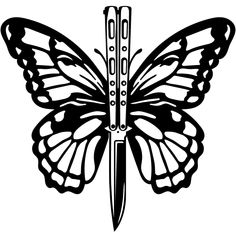 a black and white drawing of a butterfly with a knife in it's claws