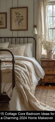 a bed room with a neatly made bed and pictures on the wall above it that says cottage core bedroom ideas for a charming 2012 home makeover