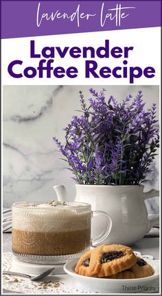 lavender coffee recipe on a white plate next to a cup of coffee