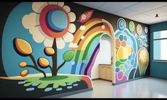 an empty room with a colorful mural on the wall