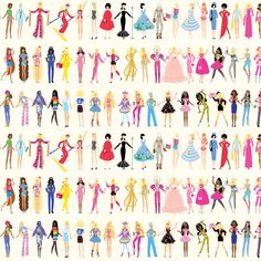 a large group of barbie dolls standing next to each other