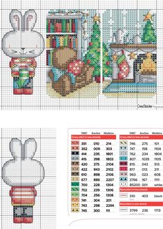 the cross stitch pattern is shown with an image of a bunny holding a christmas present