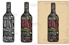 three wine bottles with the names of different wines and their labels in black and white