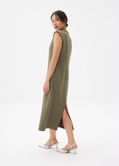 Charlotte V-neck Column Midi Dress | Love, Bonito US Chic Long V-neck Formal Dress, Chic Fitted Maxi Dress With Notched Neckline, Elegant V-neck Midi Dress For Daywear, Daywear V-neck Sleeveless Dress, Elegant V-neck Dresses For Daywear, Chic V-neck Maxi Dress, Chic Maxi Dress With Notched Neckline, Chic V-neck Dress With Notched Neckline For Daywear, Chic Sleeveless V-neck Dress