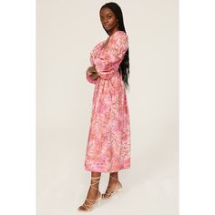 Pink floral cotton (100% Cotton). Hourglass. Square neck. 3/4 sleeves. Back zipper closure. 49.5" from shoulder to hemline. Imported. Pink Floral Print Dress With 3/4 Sleeves, Pink Floral Print Dresses With 3/4 Sleeve, Floral Print Midi Long Sleeve Dress For Brunch, Spring Floral Print Midi Dress 3/4 Length, Spring Floral Print Midi Dress With 3/4 Length, Floral Print Dress With 3/4 Sleeves For Brunch, Spring Floral Print Midi Dress, Feminine 3/4 Sleeve Midi Dress For Spring, Pink Long Sleeve Midi Dress For Spring