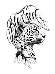 a black and white drawing of a leopard's head with the word wild on it