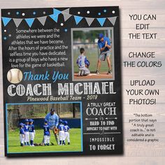 this is an image of a baseball team thank you card for the coach in blue and white