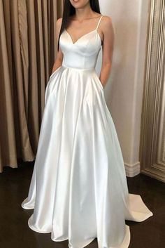 Prom Desses, Deb Dress, White Prom Dress Long, Spaghetti Strap Wedding Dress, White Dress Formal, Debutante Ball, Evening Dress Long, Deb Dresses, Wedding Dress With Pockets