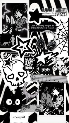 various black and white stickers are arranged in the shape of a skull, stars, and skulls