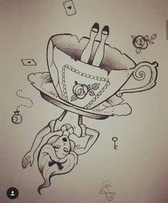 a drawing of a teacup with a woman floating in the air on top of it