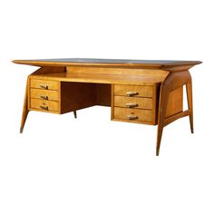 a wooden desk with two drawers and a black top