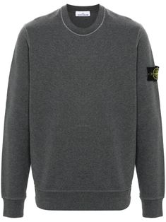 medium grey cotton jersey texture mélange effect crew neck long sleeves signature detachable Compass badge ribbed cuffs and hem French terry lining straight hem Crew Neck Sweater With Logo Patch For Winter, Winter Crew Neck Sweater With Logo Patch, Winter Crew Neck Sweatshirt With Logo Patch, Classic Gray Sweatshirt With Ribbed Cuffs, Classic Gray Sweatshirt With Ribbed Collar, Gray Crew Neck Sweatshirt With Logo, Stone Island Sweatshirt, Island Man, Formal Loafers