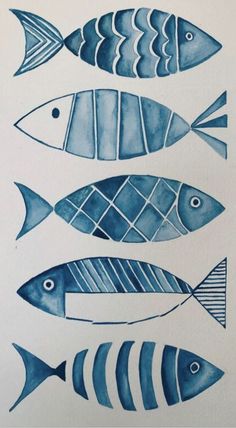 four blue fish are shown in this watercolor painting technique, which is easy to draw