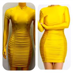 a yellow dress with long sleeves and high neck