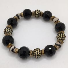 A Must Have For That Night Out On The Town! Custom And Handmade From Kya’s Boutique! Handmade Black Onyx Bracelets, Gold Onyx Beaded Bracelets, Luxury Onyx Bracelets With Black Beads, Black Onyx Bracelet With Polished Beads, Hand-strung Onyx Beaded Bracelets, Womens Jewelry Bracelets, Night Out, Boutique, Women Jewelry