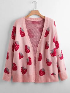 Plus Strawberry Pattern Drop Shoulder Cardigan | SHEIN USA Strawberry Clothing, Strawberry Outfit, Shoulder Cardigan, Drop Shoulder Cardigan, Strawberry Pattern, Style Kawaii, Cute Cardigans, Plus Size Cardigans, Adidas Outfit