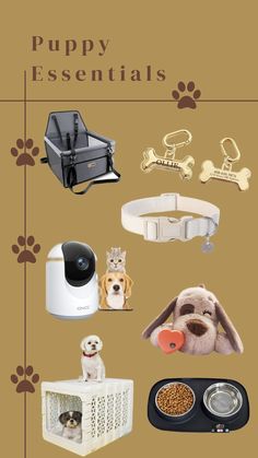 a dog's essentials are displayed on a brown background with the words, puppy essentials