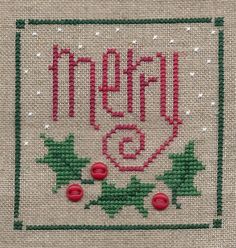 a cross - stitch christmas card with holly and the word merry written in red on it