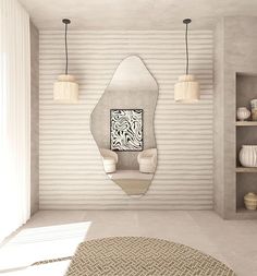 a white room with a mirror and some lamps on the wall next to a rug