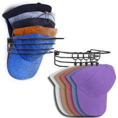 six hats hanging on a rack with five different colors